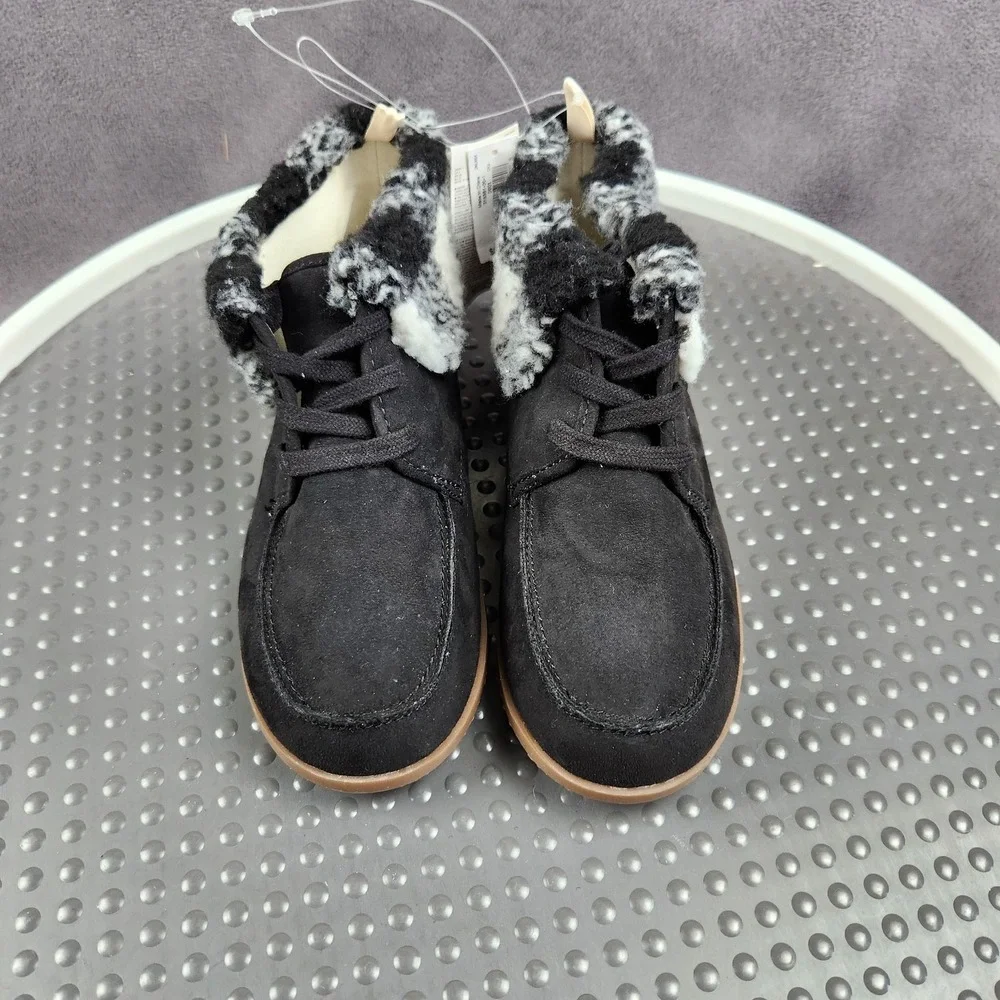 Gap Kids Moccasin Boot Boys Size 1 Black‎ Faux Suede Plaid Cuff Lined